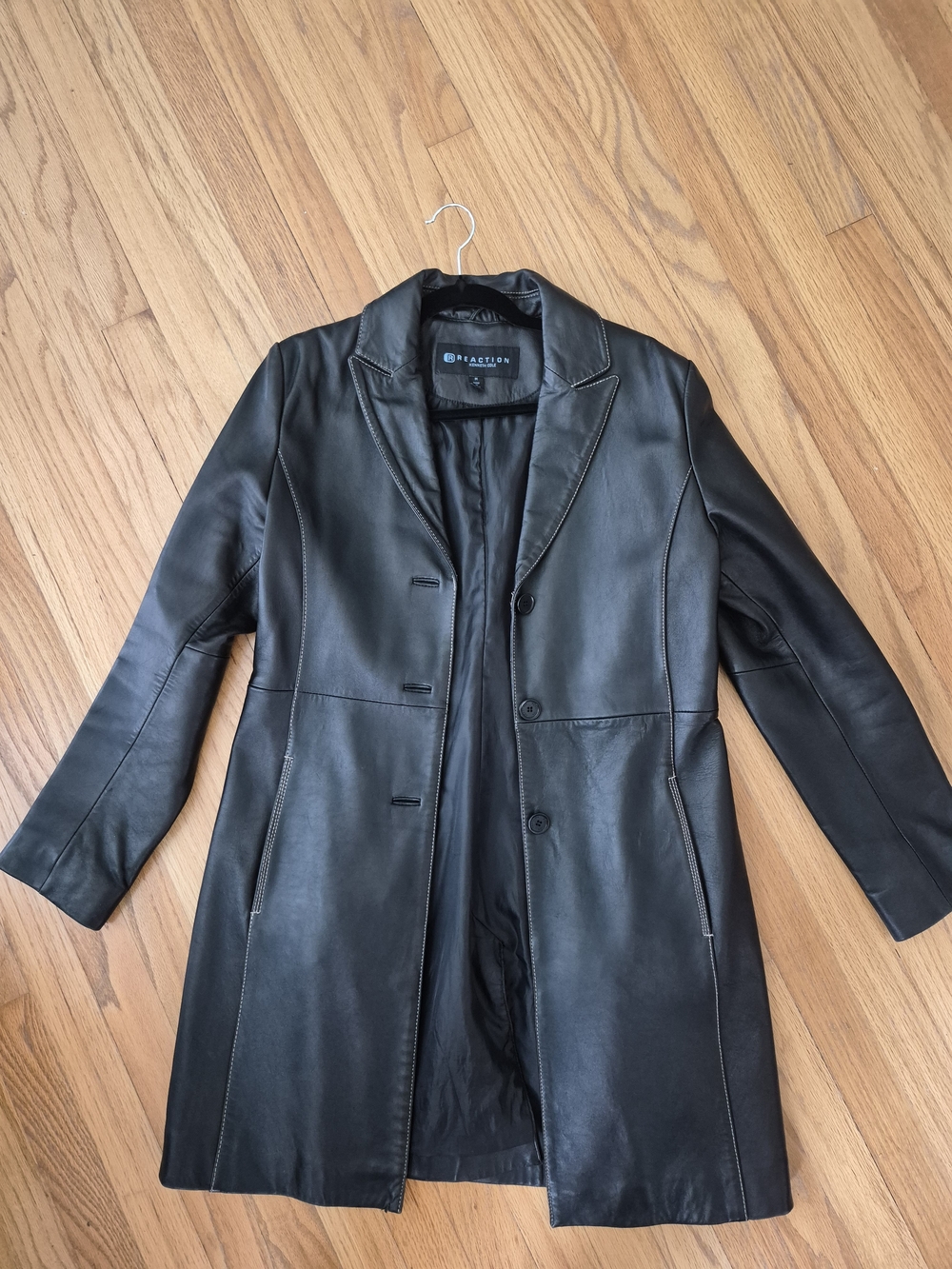 Kenneth Cole Black Leather Mid-Length Coat